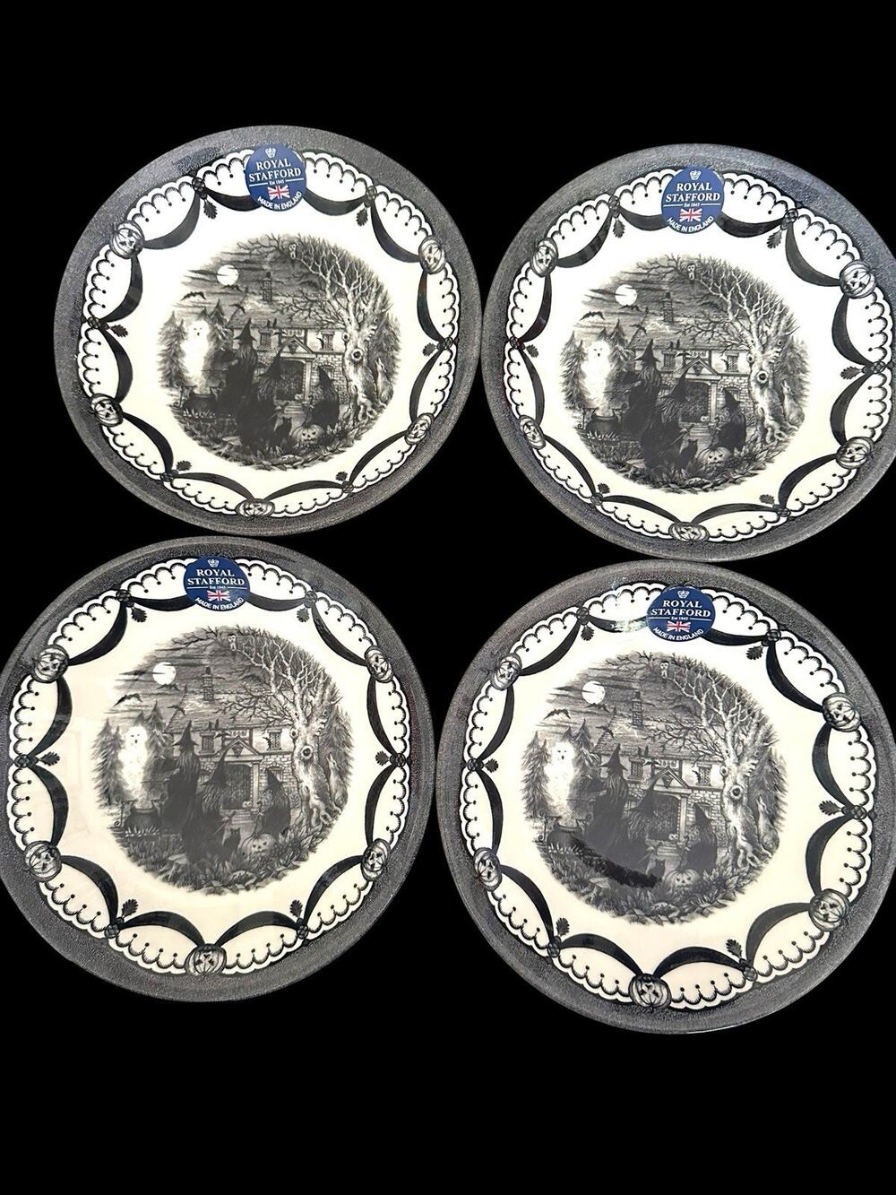 4 Royal Stafford Spookeyville Witches Coven Black Cat 8.5” Salad Plates NWT